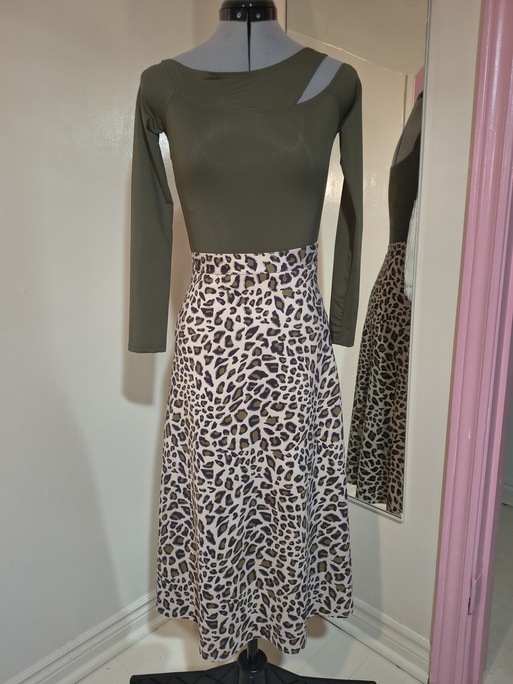Sue Studio Olive Green Cutout Long Sleeve Top with Leopard Print Midi Skirt